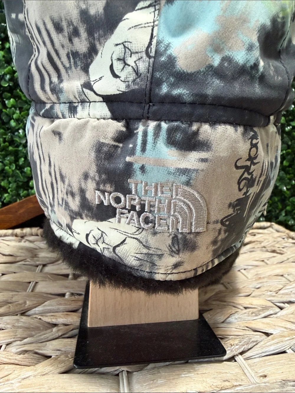 The North Face Black Faux Fur Trapper Hat with Patterned Shell